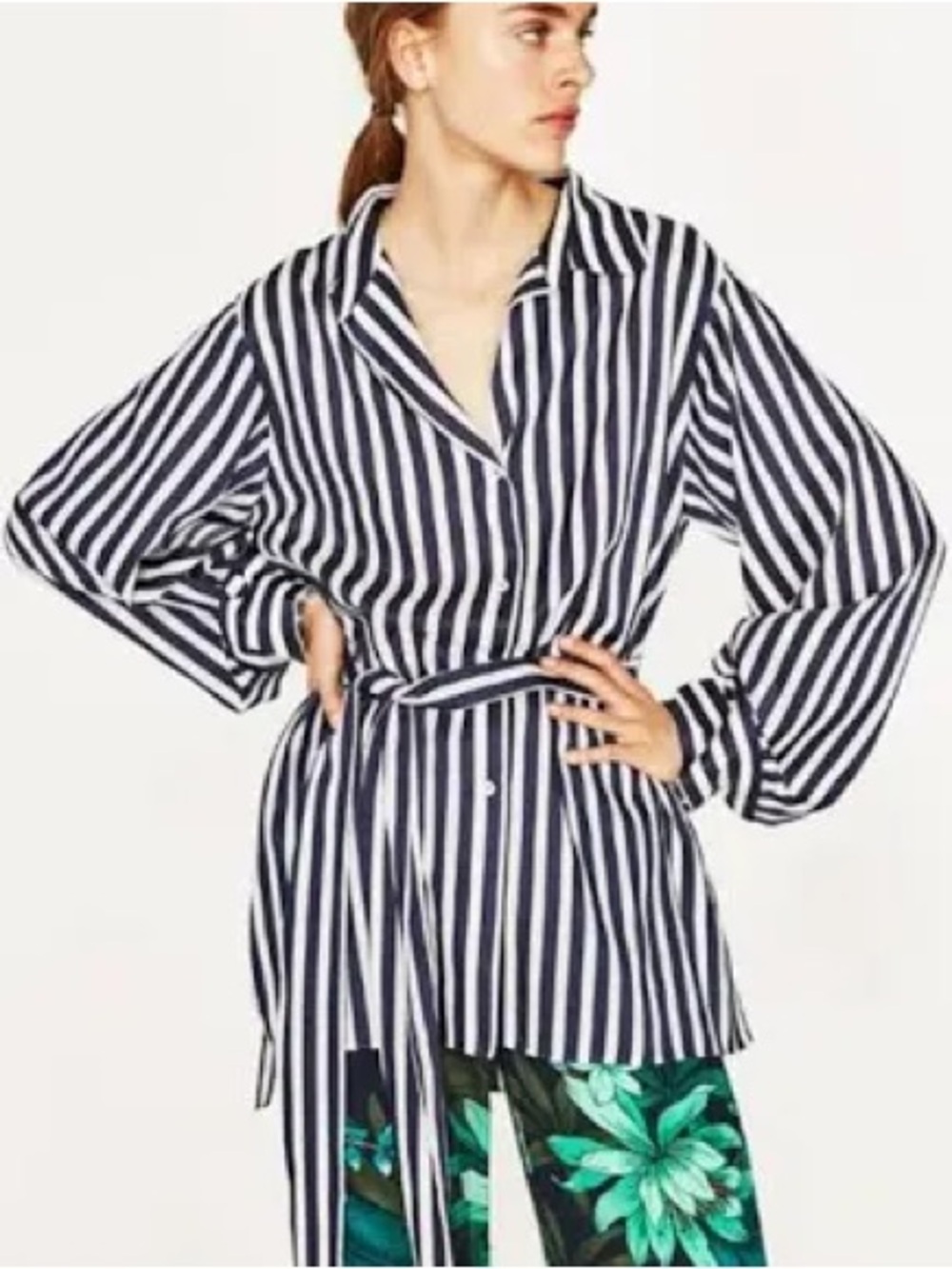 Zara Striped Belted Button-Up Tunic - Navy & White
